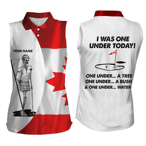 Womens sleeveless polo shirt Canadian flag golf skull custom I was one under today tree, bush, water NQS5790