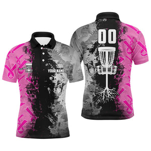 Custom name, number Disc Golf basket Men polo shirts, pink ribbons Breast cancer ladies disc golf tops NQS8307