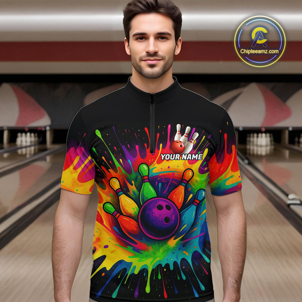 Colorful bowling jerseys Bowling Polo, 1/4 Zip Shirt for Men Custom Bowling Team shirts for bowlers NQS10696