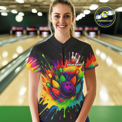 Colorful bowling jerseys Bowling Polo, 1/4 Zip Shirt for Women Custom Bowling Team shirts for bowlers NQS10696