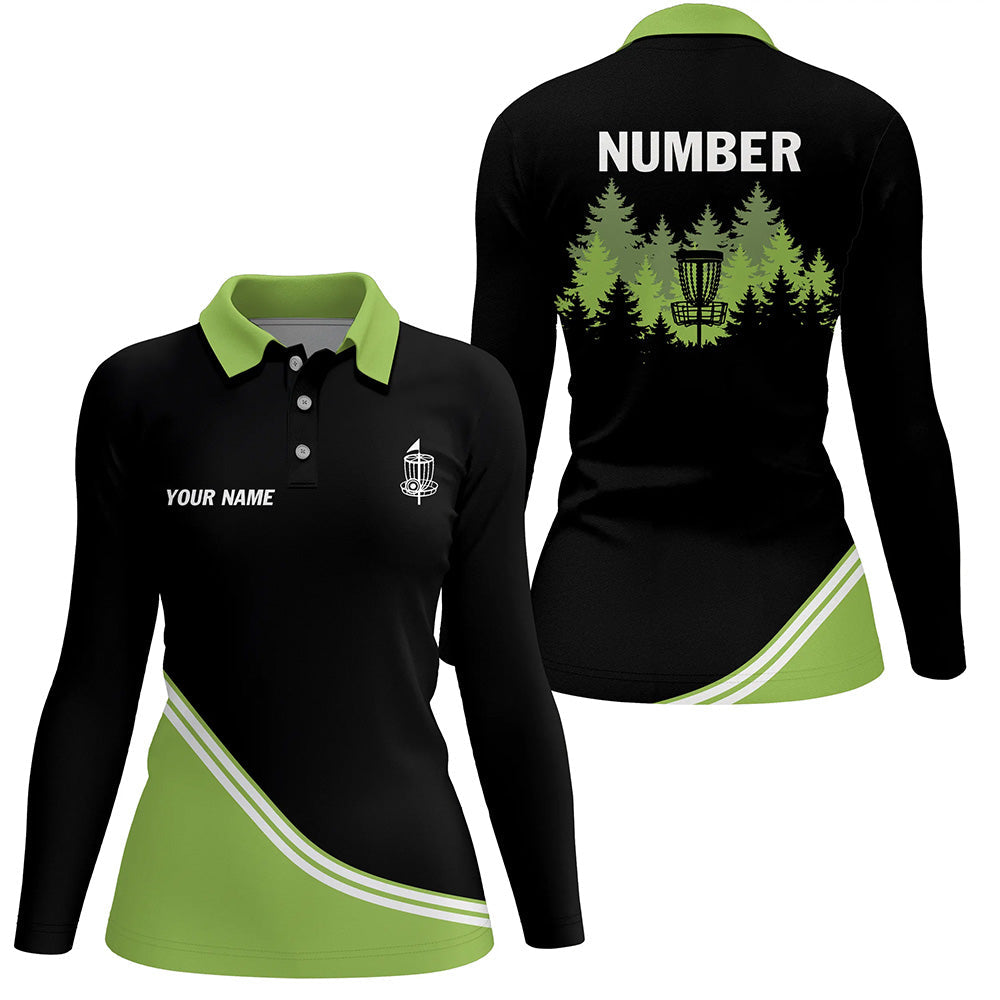 Black and Green disc golf basket in the forest custom Womens disc golf polo shirt, frisbee golf jersey NQS8752