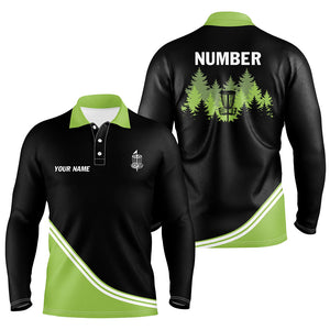 Black and Green disc golf basket in the forest custom Men disc golf polo shirt, frisbee golf jersey NQS8752