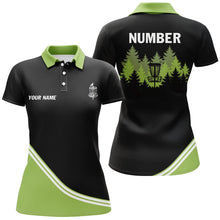 Load image into Gallery viewer, Black and Green disc golf basket in the forest custom Womens disc golf polo shirt, frisbee golf jersey NQS8752