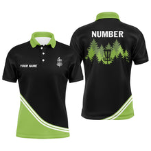 Load image into Gallery viewer, Black and Green disc golf basket in the forest custom Men disc golf polo shirt, frisbee golf jersey NQS8752