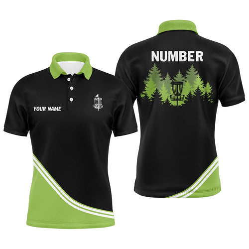 Black and Green disc golf basket in the forest custom Men disc golf polo shirt, frisbee golf jersey NQS8752