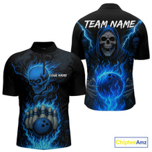 Load image into Gallery viewer, Blue Flame Lightning Thunder Skull Reaper Bowling Shirts for Men Custom Bowling Team League Jersey NQS10908