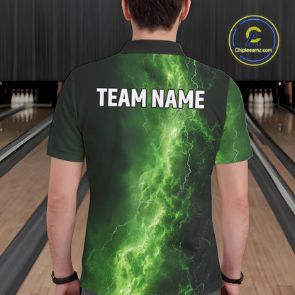 Men's Bowling Shirts Custom Green Lightning Thunder Bowling Team Jersey, gift for team Bowlers NQS10910