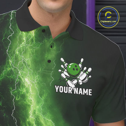 Men's Bowling Shirts Custom Green Lightning Thunder Bowling Team Jersey, gift for team Bowlers NQS10910