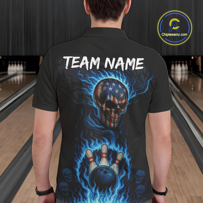 Custom Black and Blue Flame American Flag Skull Bowling Shirts for Men, Bowling Team League Jersey NQS10913