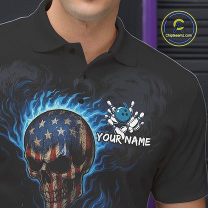 Custom Black and Blue Flame American Flag Skull Bowling Shirts for Men, Bowling Team League Jersey NQS10913