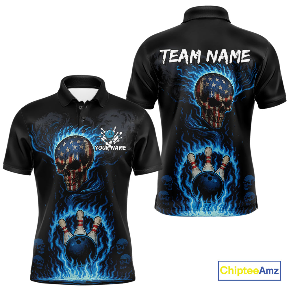 Custom Black and Blue Flame American Flag Skull Bowling Shirts for Men, Bowling Team League Jersey NQS10913