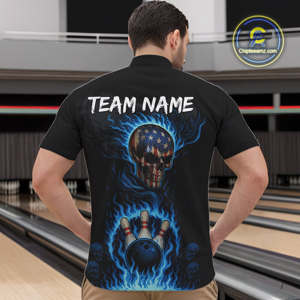 Custom Black and Blue Flame American Flag Skull Bowling Shirts for Men, Bowling Team League Jersey NQS10913