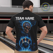 Load image into Gallery viewer, Custom Black and Blue Flame American Flag Skull Bowling Shirts for Men, Bowling Team League Jersey NQS10913