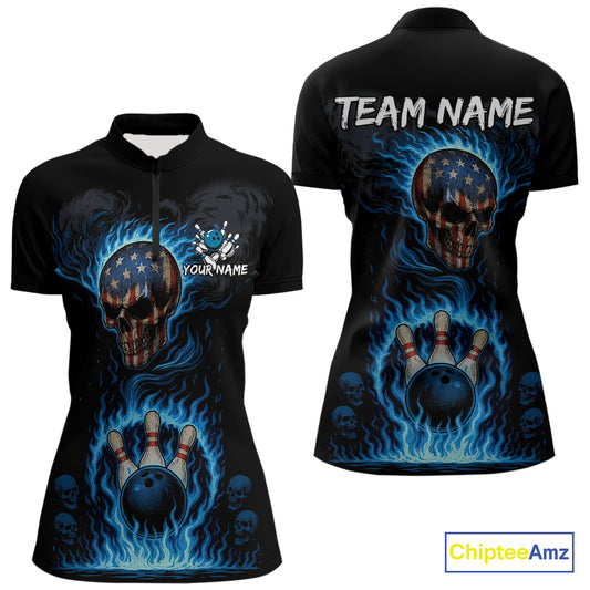 Custom Black and Blue Flame American Flag Skull Bowling Shirts for Women, Bowling Team League Jersey NQS10913