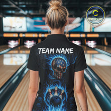Load image into Gallery viewer, Custom Black and Blue Flame American Flag Skull Bowling Shirts for Women, Bowling Team League Jersey NQS10913
