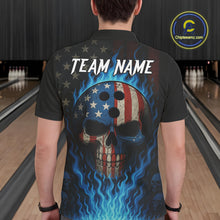 Load image into Gallery viewer, Personalized Blue Flame American Flag Skull Patriotic Bowling Polo, Quarter Zip Shirts for Men NQS10914