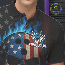 Load image into Gallery viewer, Personalized Blue Flame American Flag Skull Patriotic Bowling Polo, Quarter Zip Shirts for Men NQS10914