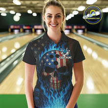 Load image into Gallery viewer, Personalized Blue Flame American Flag Skull Patriotic Bowling Polo, Quarter Zip Shirts for Women NQS10914