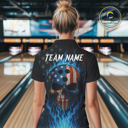 Personalized Blue Flame American Flag Skull Patriotic Bowling Polo, Quarter Zip Shirts for Women NQS10914