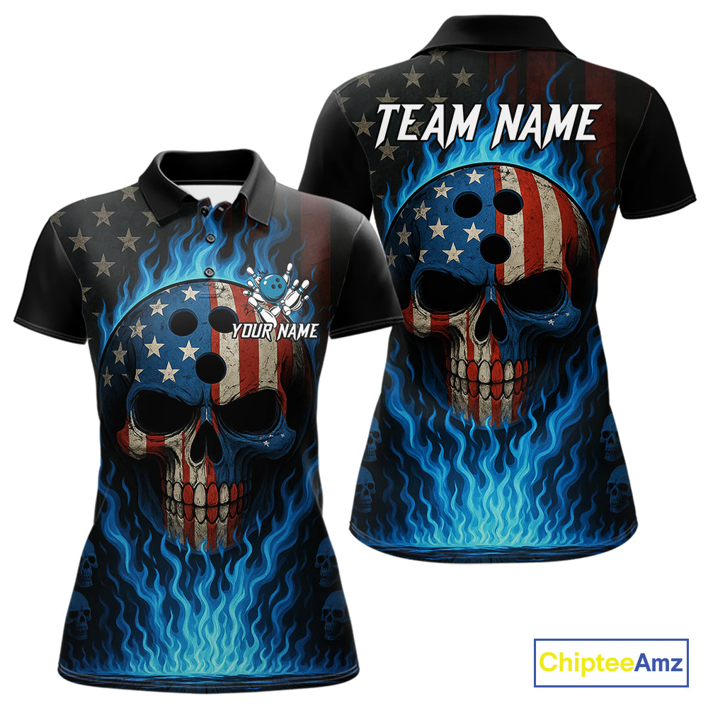 Personalized Blue Flame American Flag Skull Patriotic Bowling Polo, Quarter Zip Shirts for Women NQS10914