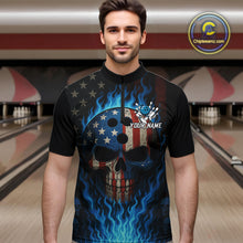 Load image into Gallery viewer, Personalized Blue Flame American Flag Skull Patriotic Bowling Polo, Quarter Zip Shirts for Men NQS10914