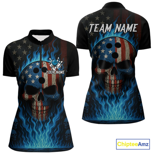 Personalized Blue Flame American Flag Skull Patriotic Bowling Polo, Quarter Zip Shirts for Women NQS10914
