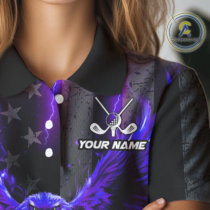 Black American flag Women golf polo shirt Custom purple lightning thunder Eagle patriotic Golf top NQS11094