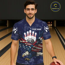 Load image into Gallery viewer, Blue Smoke American Flag Eagle Bowling Hawaiian Shirts Custom patriotic Bowling Team Jersey NQS11288