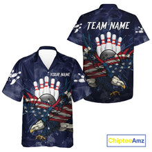 Load image into Gallery viewer, Blue Smoke American Flag Eagle Bowling Hawaiian Shirts Custom patriotic Bowling Team Jersey NQS11288