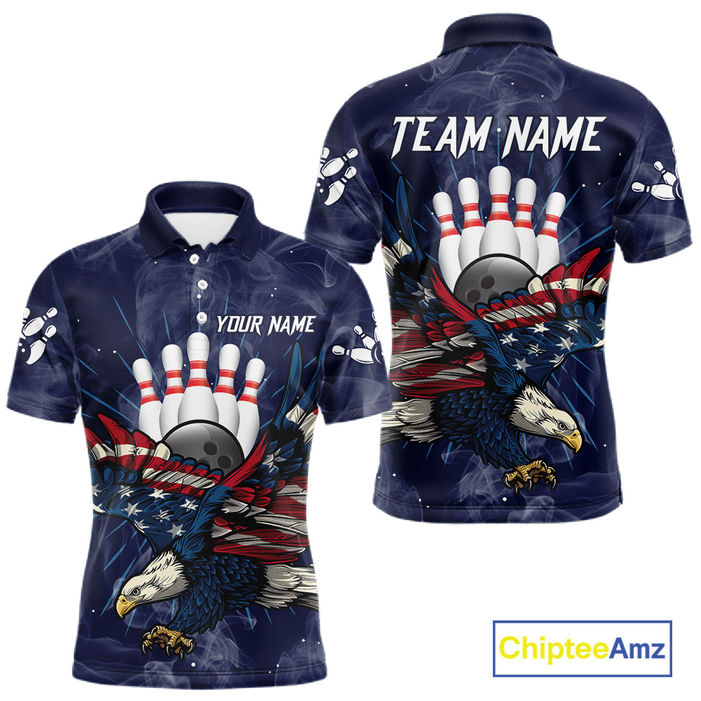 Blue Smoke American Flag Eagle Bowling Shirts For Men Custom patriotic Bowling Team Jersey NQS11288