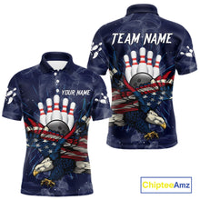 Load image into Gallery viewer, Blue Smoke American Flag Eagle Bowling Shirts For Men Custom patriotic Bowling Team Jersey NQS11288
