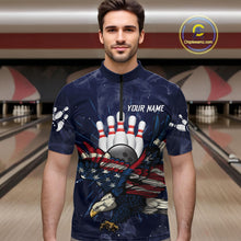 Load image into Gallery viewer, Blue Smoke American Flag Eagle Bowling Shirts For Men Custom patriotic Bowling Team Jersey NQS11288