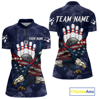 Blue Smoke American Flag Eagle Bowling Shirts For Women Custom patriotic Bowling Team Jersey NQS11288