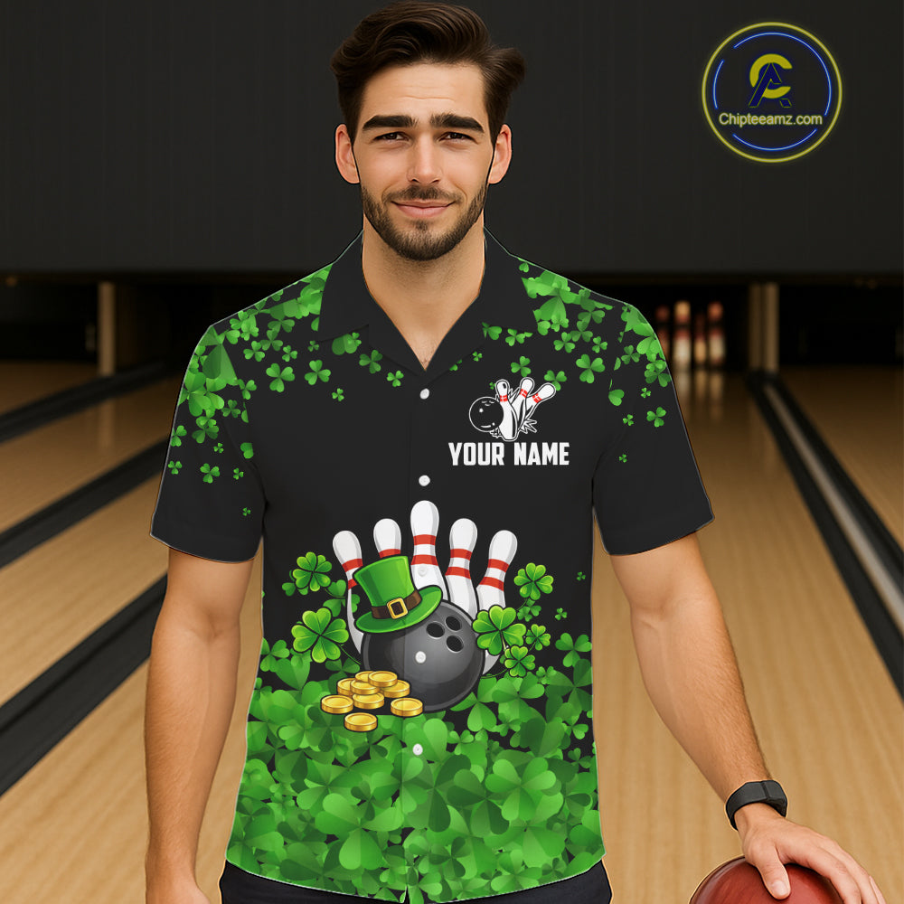 Custom Green clover pattern Hawaiian Bowling shirts, St Patrick's Day bowling apparel, bowling gifts NQS11512