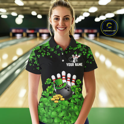 Custom Green clover pattern Bowling shirts for Women, St Patrick's Day bowling apparel, bowling gifts NQS11512