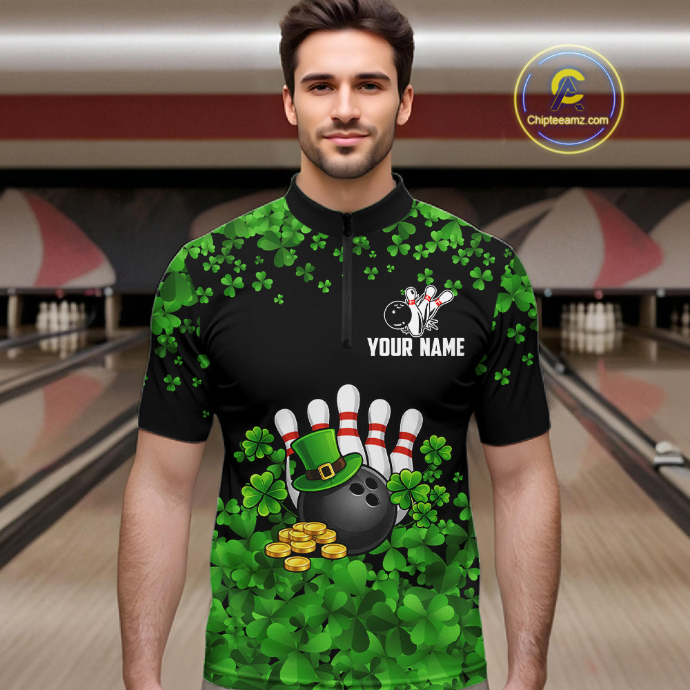 Custom Green clovers pattern Bowling shirts for men, St Patrick's Day bowling apparel, bowling gifts NQS11512