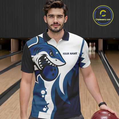 White and Blue Shark Bowling Polo, Quarter Zip shirts for men custom shark bowling team jerseys NQS10159