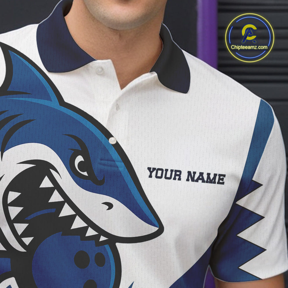 White and Blue Shark Bowling Polo, Quarter Zip shirts for men custom shark bowling team jerseys NQS10159