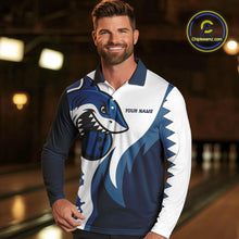 Load image into Gallery viewer, White and Blue Shark Bowling Polo, Quarter Zip shirts for men custom shark bowling team jerseys NQS10159
