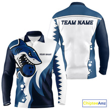 Load image into Gallery viewer, White and Blue Shark Bowling Polo, Quarter Zip shirts for men custom shark bowling team jerseys NQS10159