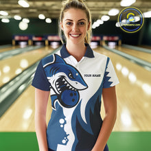 Load image into Gallery viewer, White and Blue Shark Bowling Polo, Quarter Zip shirts for Womens custom shark bowling team jerseys NQS10159