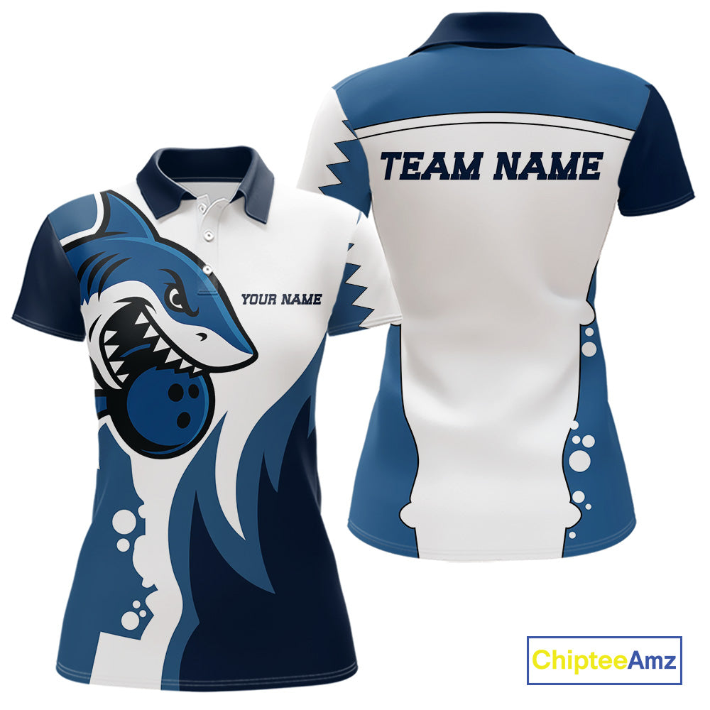 White and Blue Shark Bowling Polo, Quarter Zip shirts for Womens custom shark bowling team jerseys NQS10159
