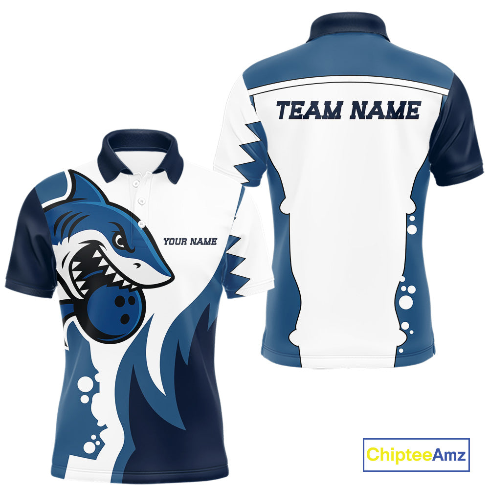 White and Blue Shark Bowling Polo, Quarter Zip shirts for men custom shark bowling team jerseys NQS10159