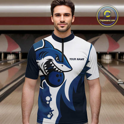 White and Blue Shark Bowling Polo, Quarter Zip shirts for men custom shark bowling team jerseys NQS10159