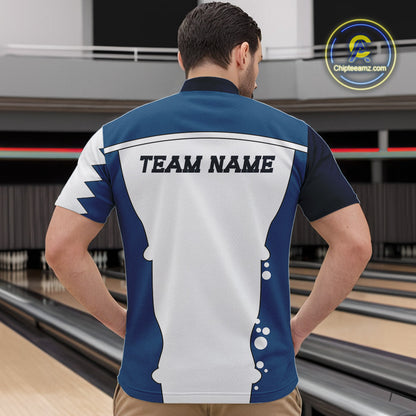 White and Blue Shark Bowling Polo, Quarter Zip shirts for men custom shark bowling team jerseys NQS10159
