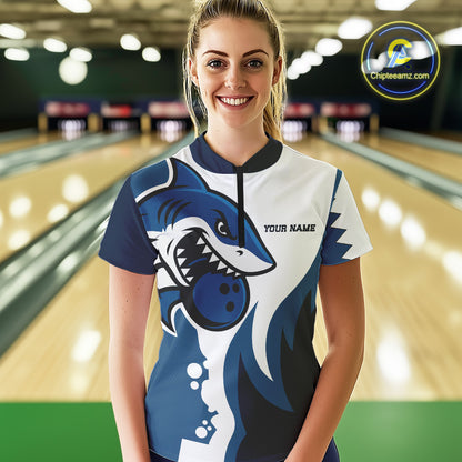 White and Blue Shark Bowling Polo, Quarter Zip shirts for Womens custom shark bowling team jerseys NQS10159