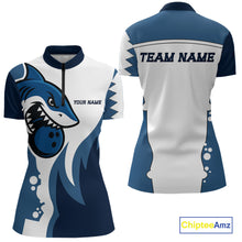 Load image into Gallery viewer, White and Blue Shark Bowling Polo, Quarter Zip shirts for Womens custom shark bowling team jerseys NQS10159