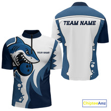 Load image into Gallery viewer, White and Blue Shark Bowling Polo, Quarter Zip shirts for men custom shark bowling team jerseys NQS10159
