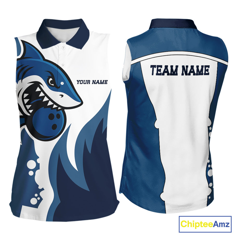 White and Blue Shark Women sleeveless Polo Shirt custom shark bowling team jerseys, gift for bowlers NQS10159