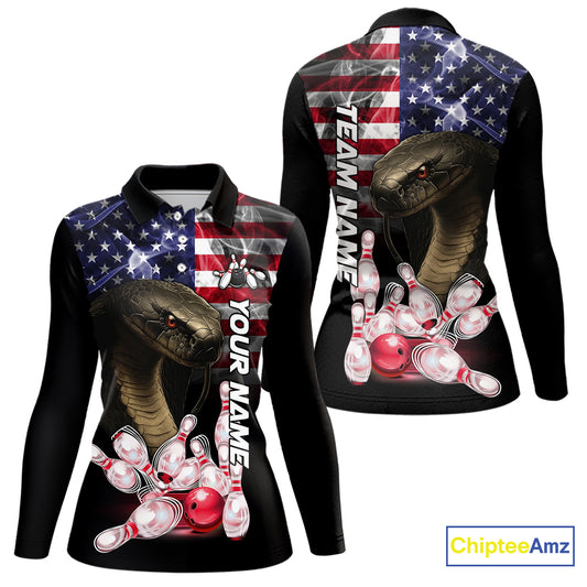 Smoke American Flag Cobra Snake Bowling Shirts For Women Custom patriotic Team Bowling jerseys NQS10286